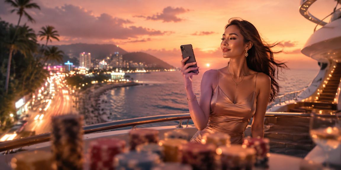 Người dùng tại bãi biển Phú Quốc tham gia xổ số trực tuyến trên điện thoại